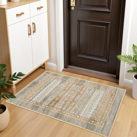 Macgace 2x3 Small Boho Rugs for Entryway Washable Bohemian Geometric Indoor Entrance Door Rug with Non-Slip Backing Moroccan Decorated Throw Rug for Bedroom Kitchen Home Office Beige & Oliver Green