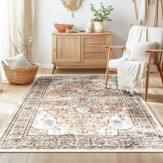 BESTSWEETIE 3x5 Entryway Rug 3 x 5 Boho Rugs Washable Rugs Non Slip Vintage Kitchen Rugs Carpet Door Mat for Indoor Entrance Distressed Floral Pattern Orange Pink Brown Earth Tones
