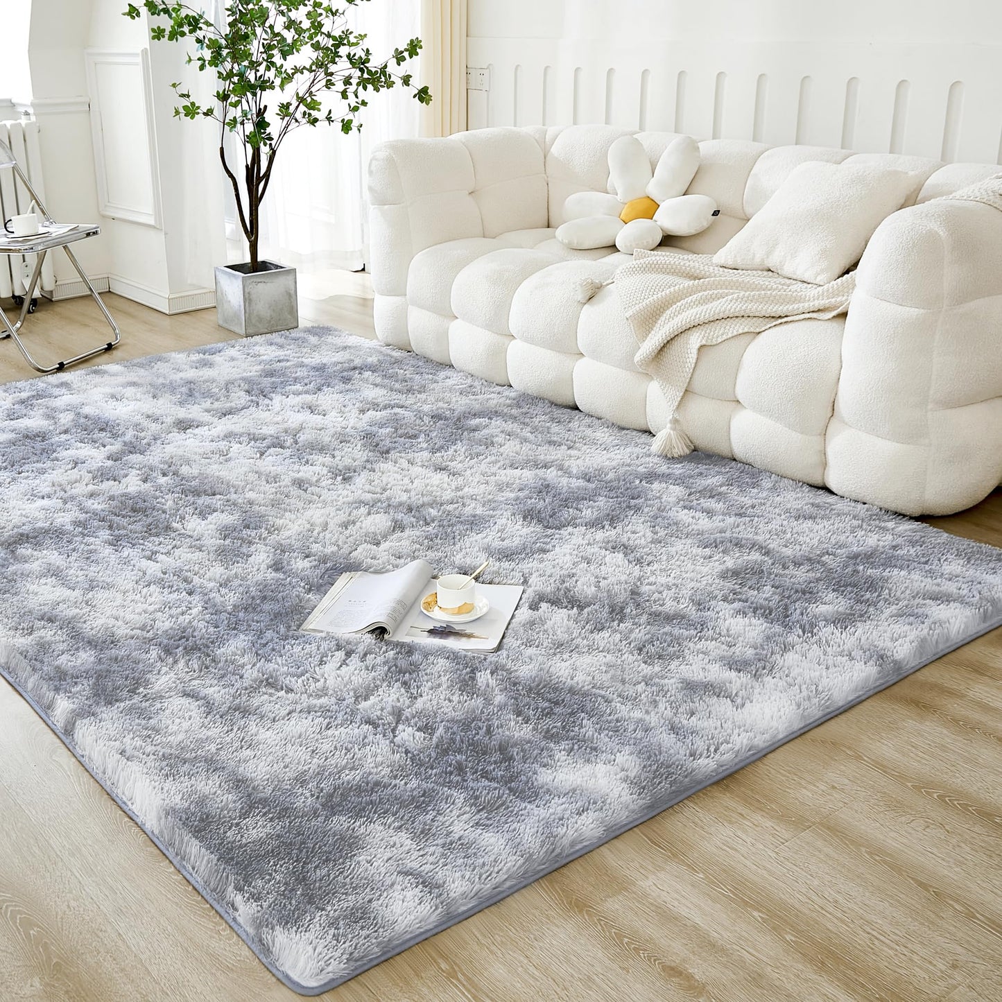 3x5 Shag Rug for Bedroom Light Grey Small Fluffy Non-Skid Soft