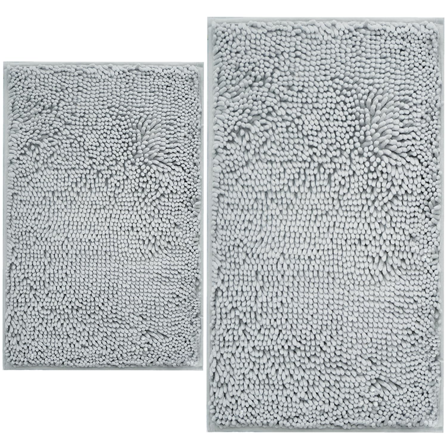 Limestoneshop BOANKODU bathroom rug set with two soft chenille mats in light grey, featuring non-slip bottoms and machine washable fabric.