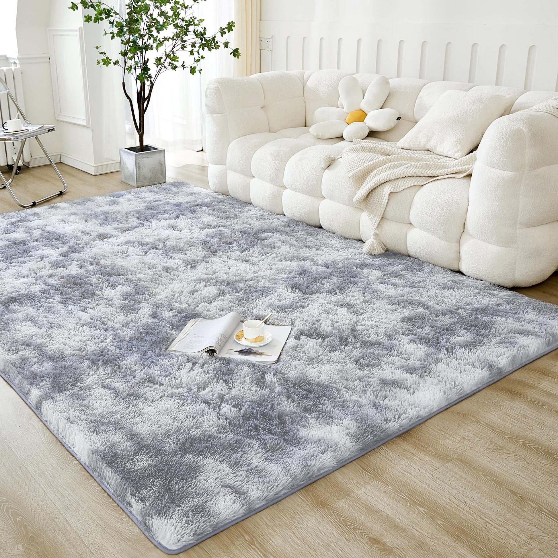 Light grey 3x5 shag rug from Limestoneshop, small fluffy bedroom rug with non-skid backing and soft, plush texture.