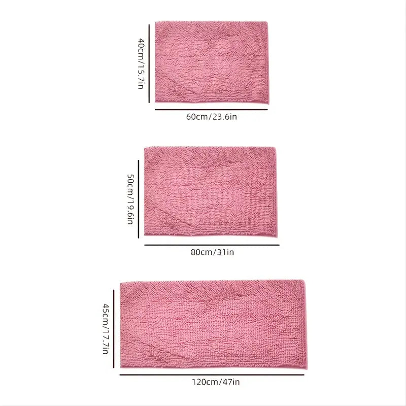 Soft pink chenille non-slip bath rug from Limestoneshop, featuring plush texture and non-slip backing for bathroom safety.