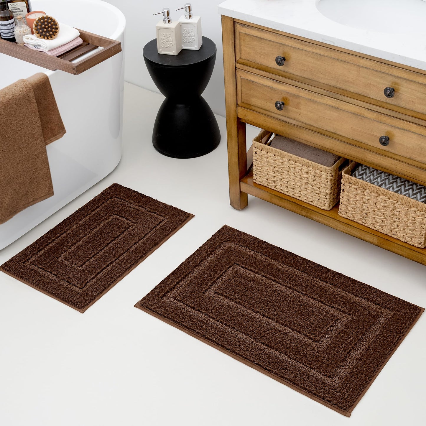 Bathroom Rugs Sets 2 PieceSoft Bath Mats (Brown 20" x 32" + 16" x 24")